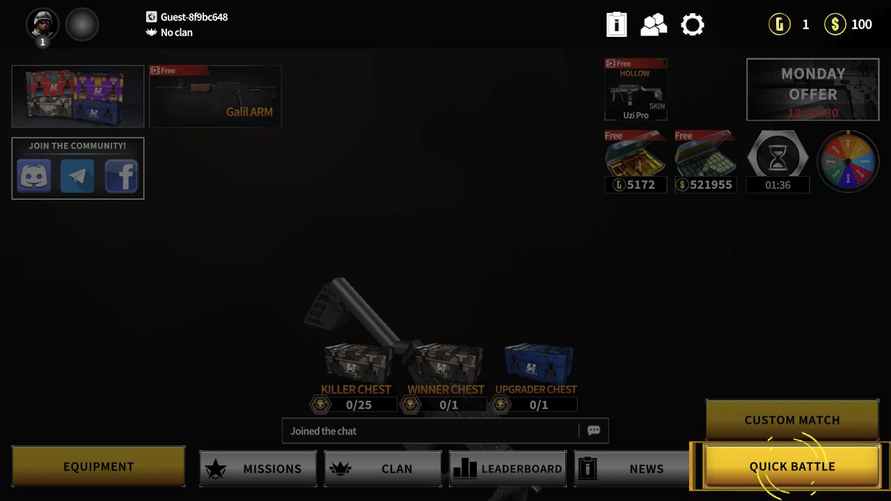 Hazmob FPS main menu with Quick Battle, Custom Match, Equipment, Missions, and timed rewards
