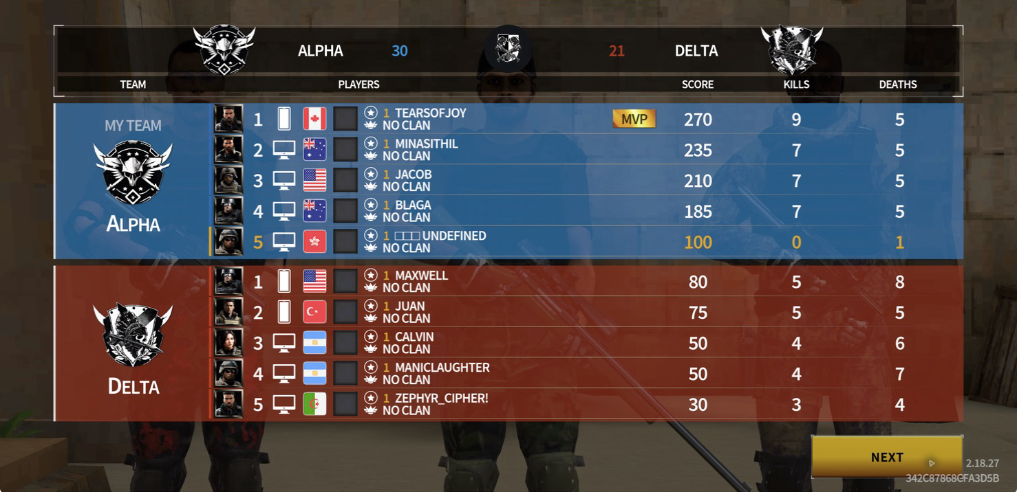 Final Hazmob FPS Team Death Match scoreboard showing Alpha defeating Delta 30 to 21