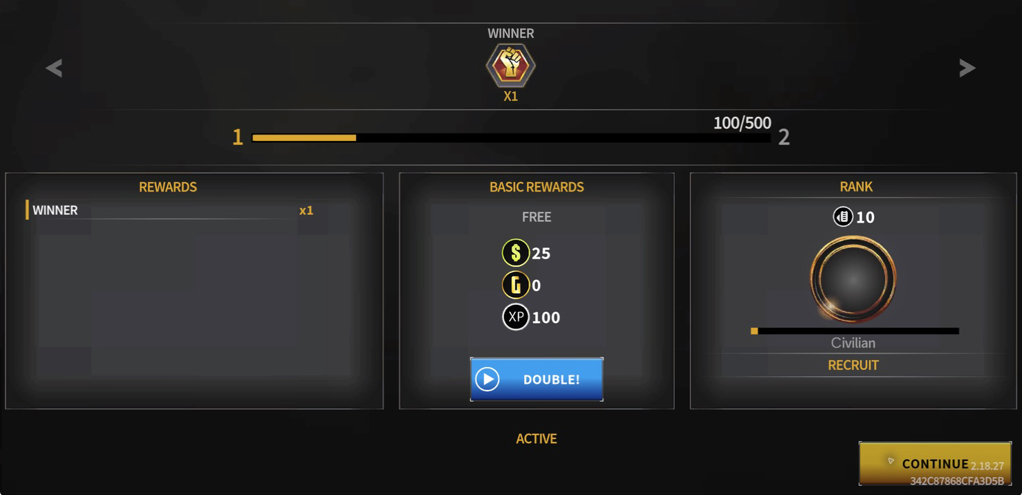 Hazmob FPS post-match rewards showing a Winner token, cash, XP, and Recruit rank progress