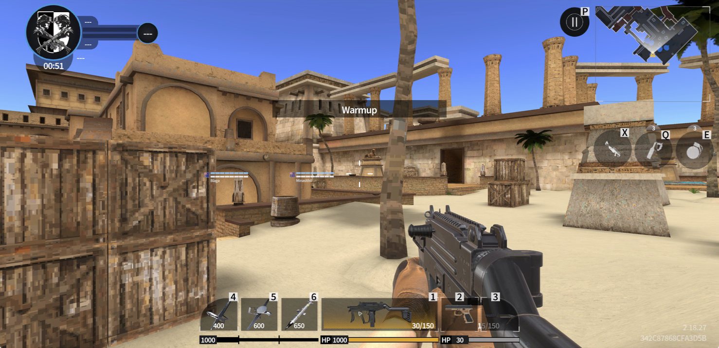 First-person warmup on the Egypt map before a Hazmob FPS Team Death Match