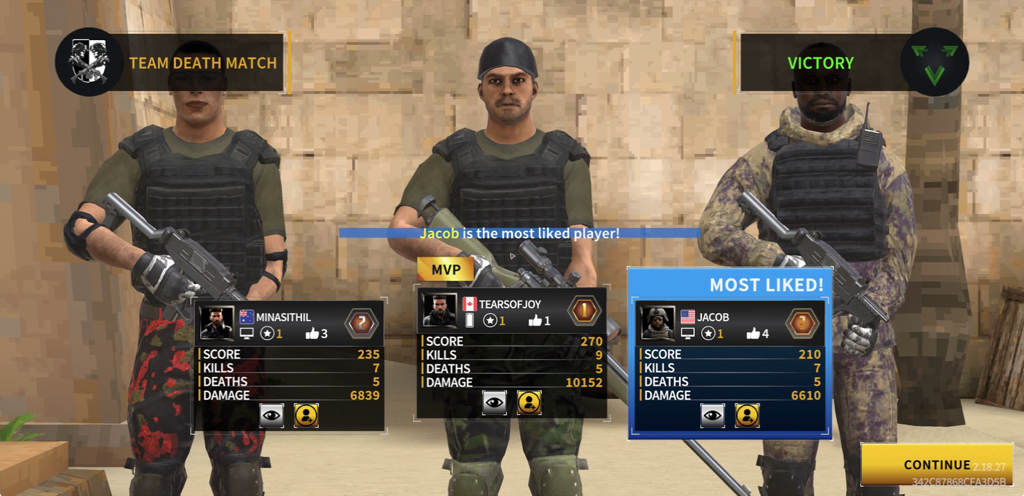 Hazmob FPS victory podium highlighting the MVP and most-liked players after Team Death Match