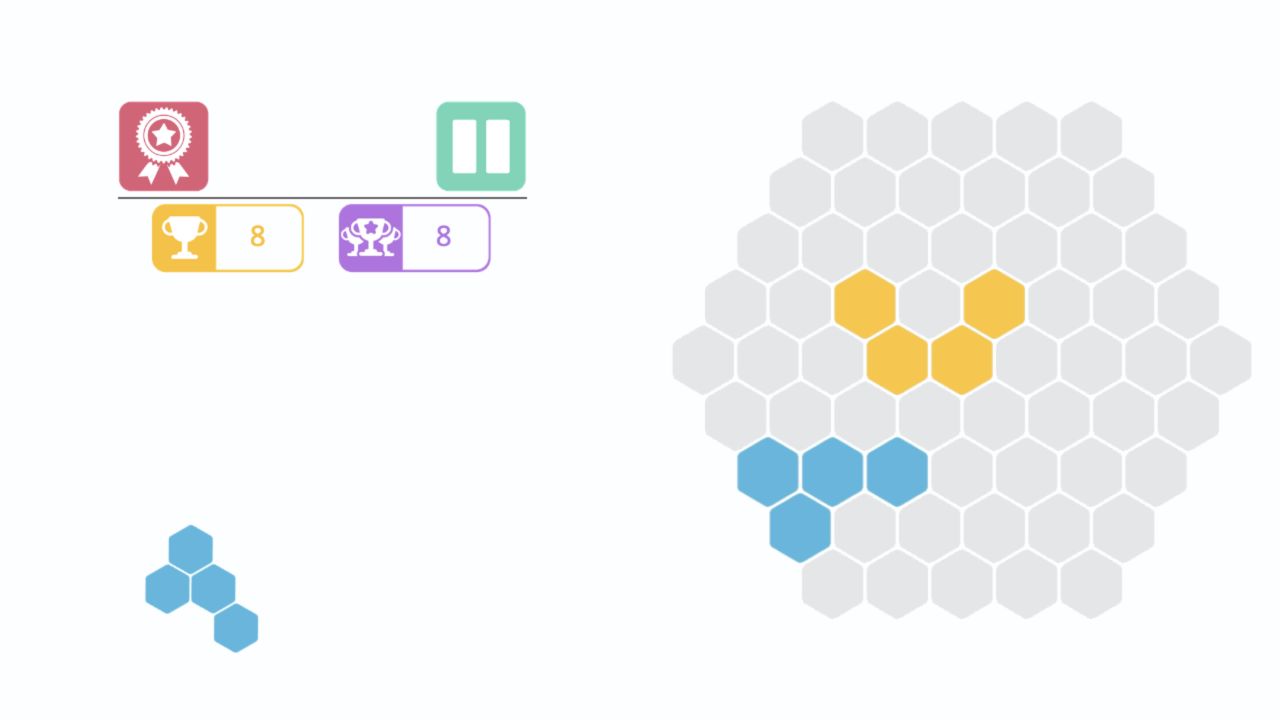 HEX Connect board with a yellow central shape and a blue four-cell shape along the lower left