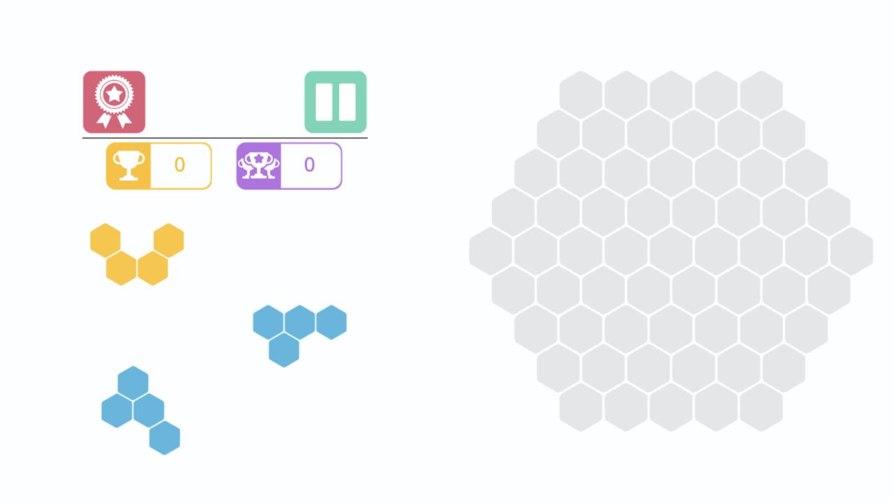 HEX Connect opening board with one yellow and two blue four-cell shapes waiting outside the empty grid