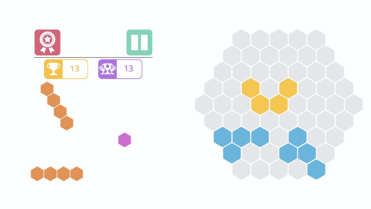HEX Connect board after the first three shapes with score 13 and a new orange batch