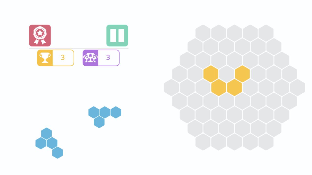 HEX Connect yellow four-cell shape placed near the center of the gray hex board