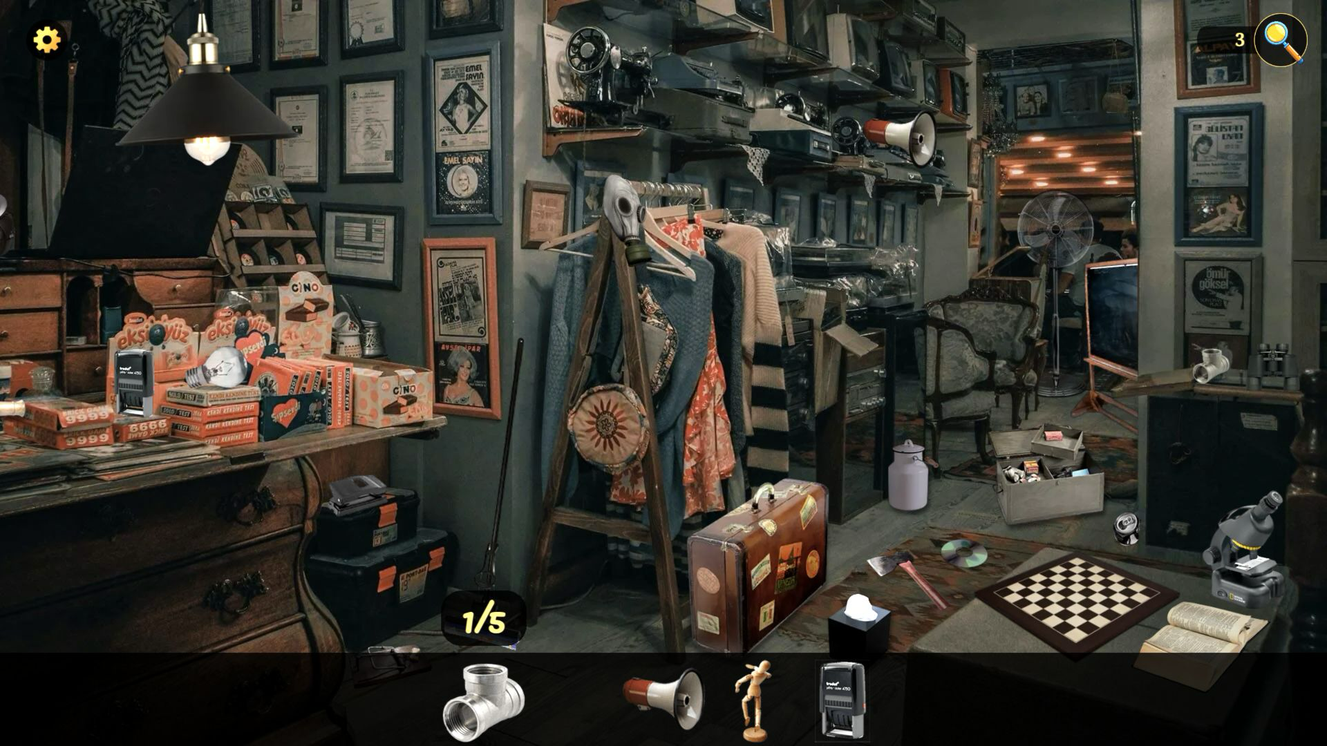 A crowded vintage shop with a five-item target strip across the bottom