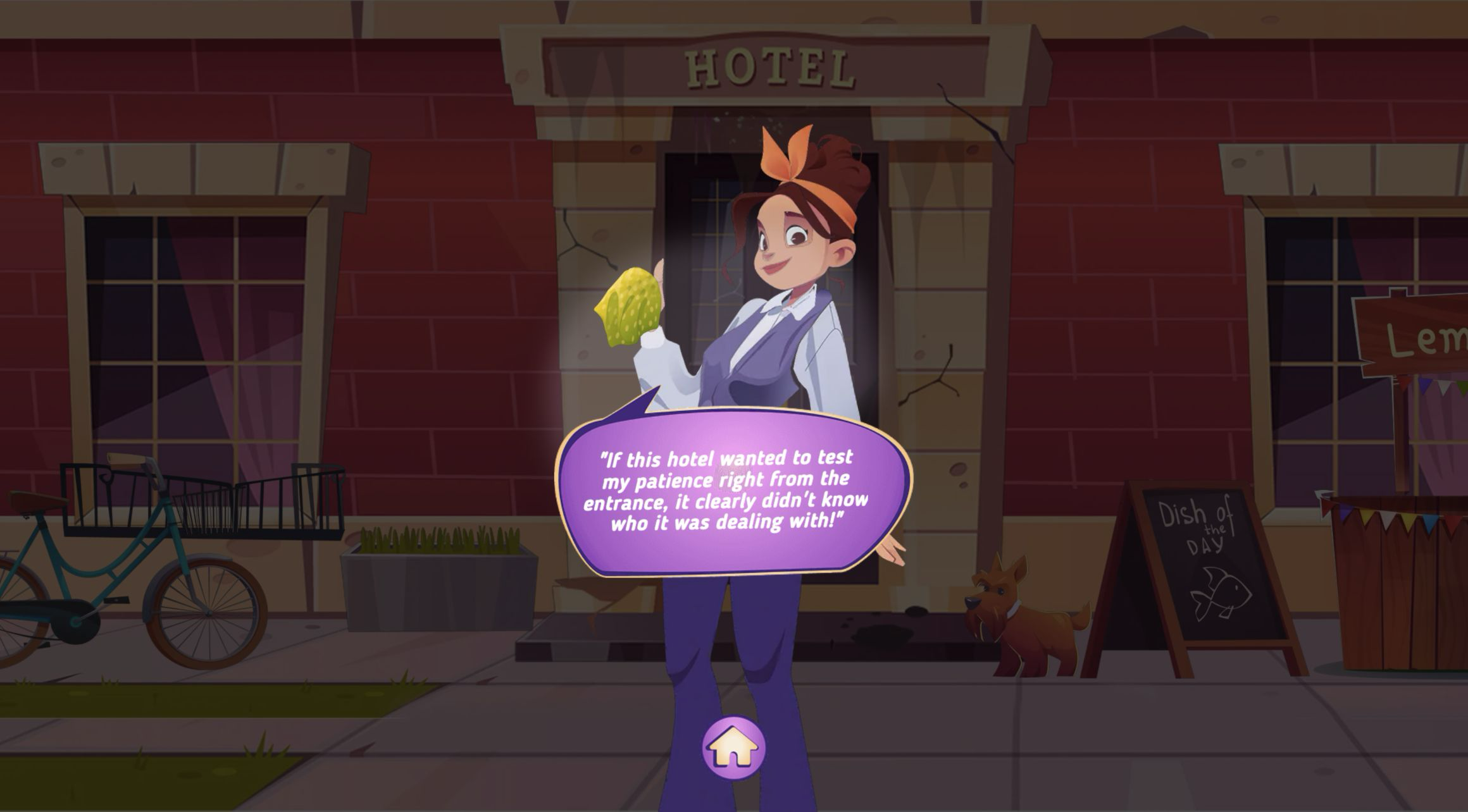 Hotel heroine holding a yellow cleaning cloth in front of the darkened entrance