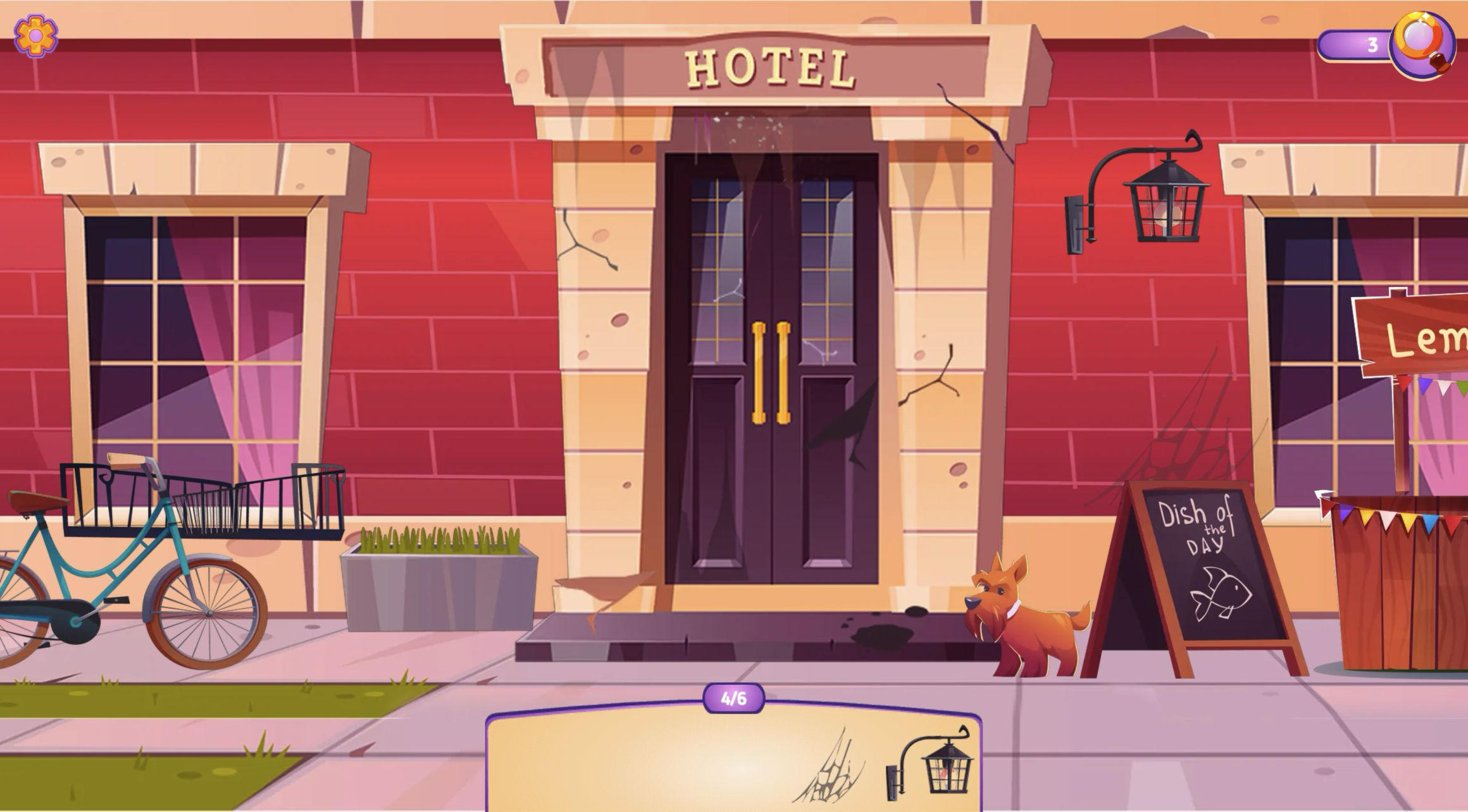 Wide hotel exterior at 4/6 with the entrance, bicycle, dog, chalkboard, and lemonade stand