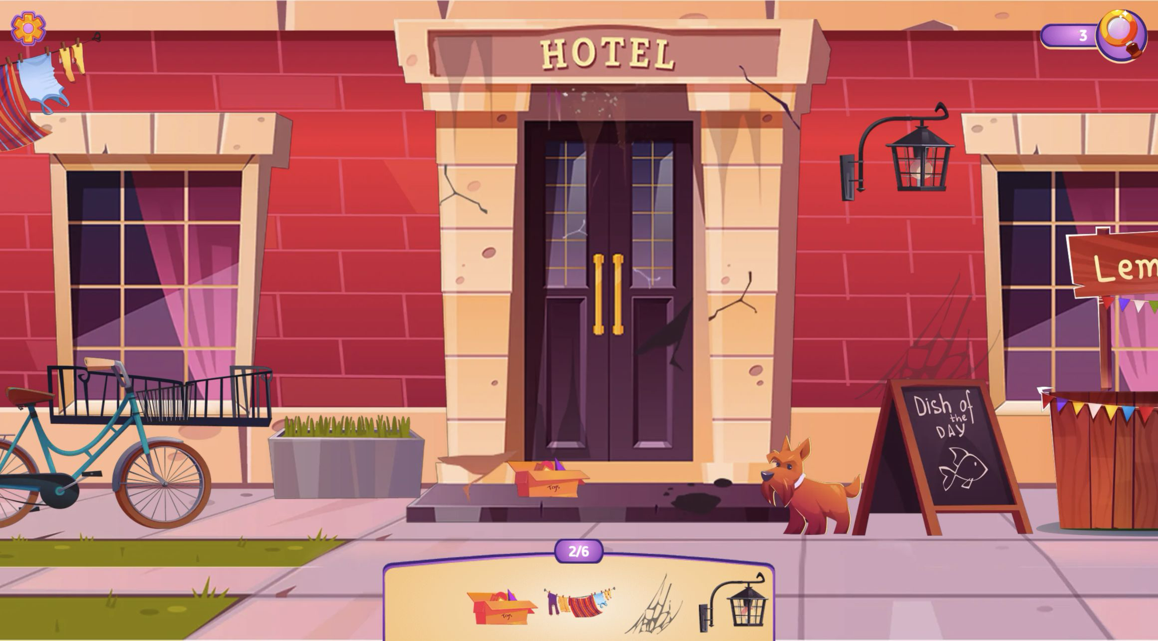 Red hotel exterior with a bicycle, dog, boxes, 2/6 counter, and four remaining object pictures