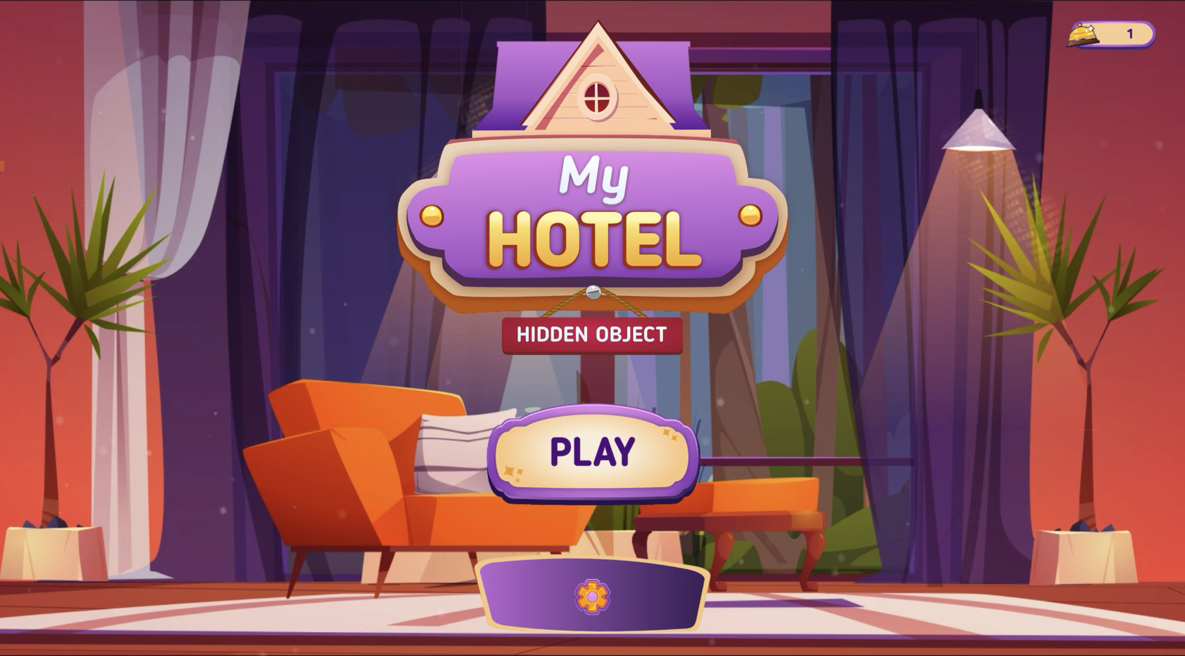 My Hotel Hidden Object title sign above a Play button in a purple lounge