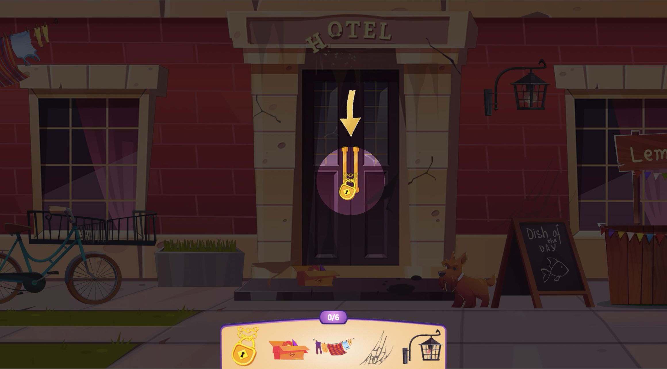 Hotel front door darkened around a glowing lock with a yellow arrow pointing down