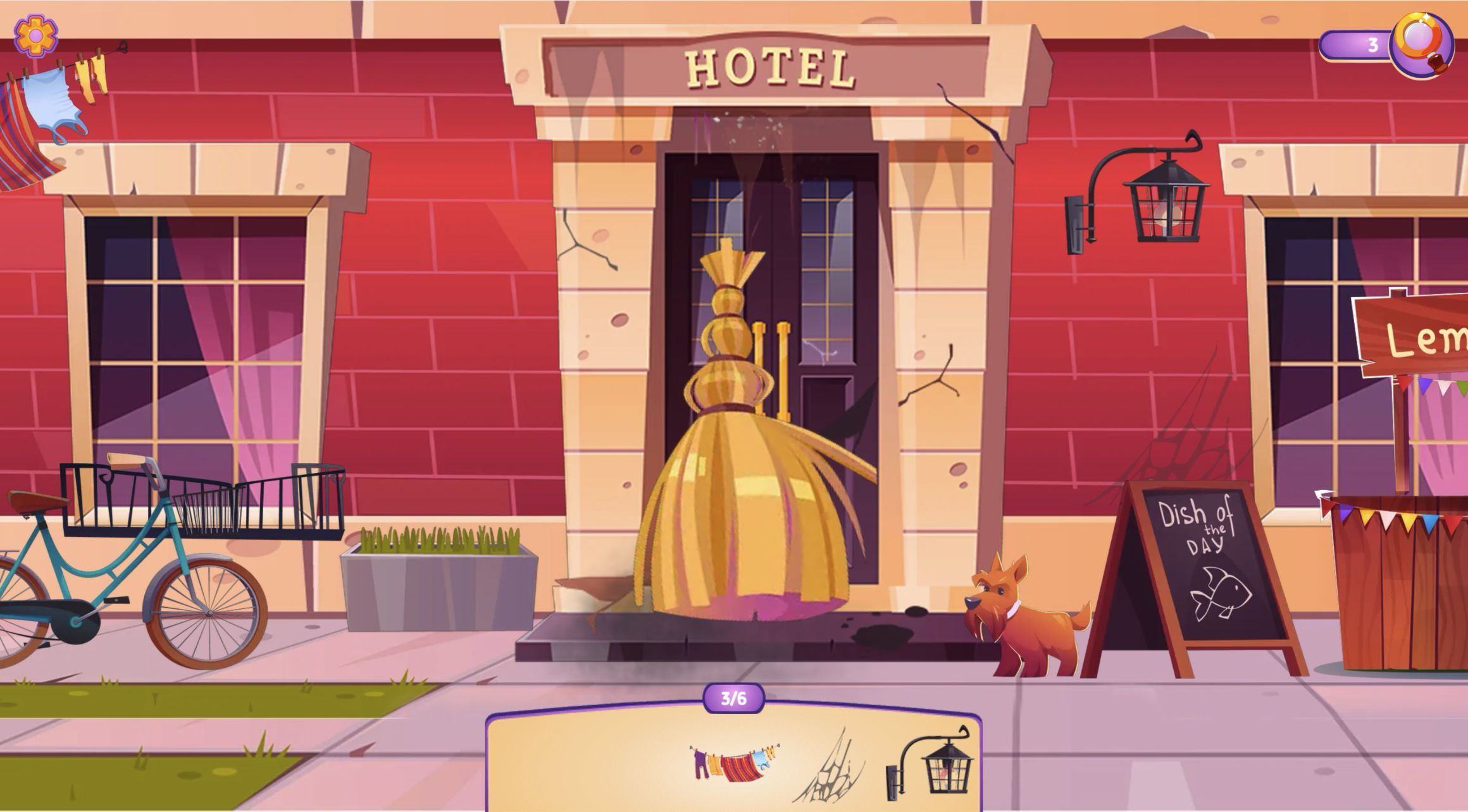 Hotel exterior at 3/6 with a large golden broom animation in front of the doors