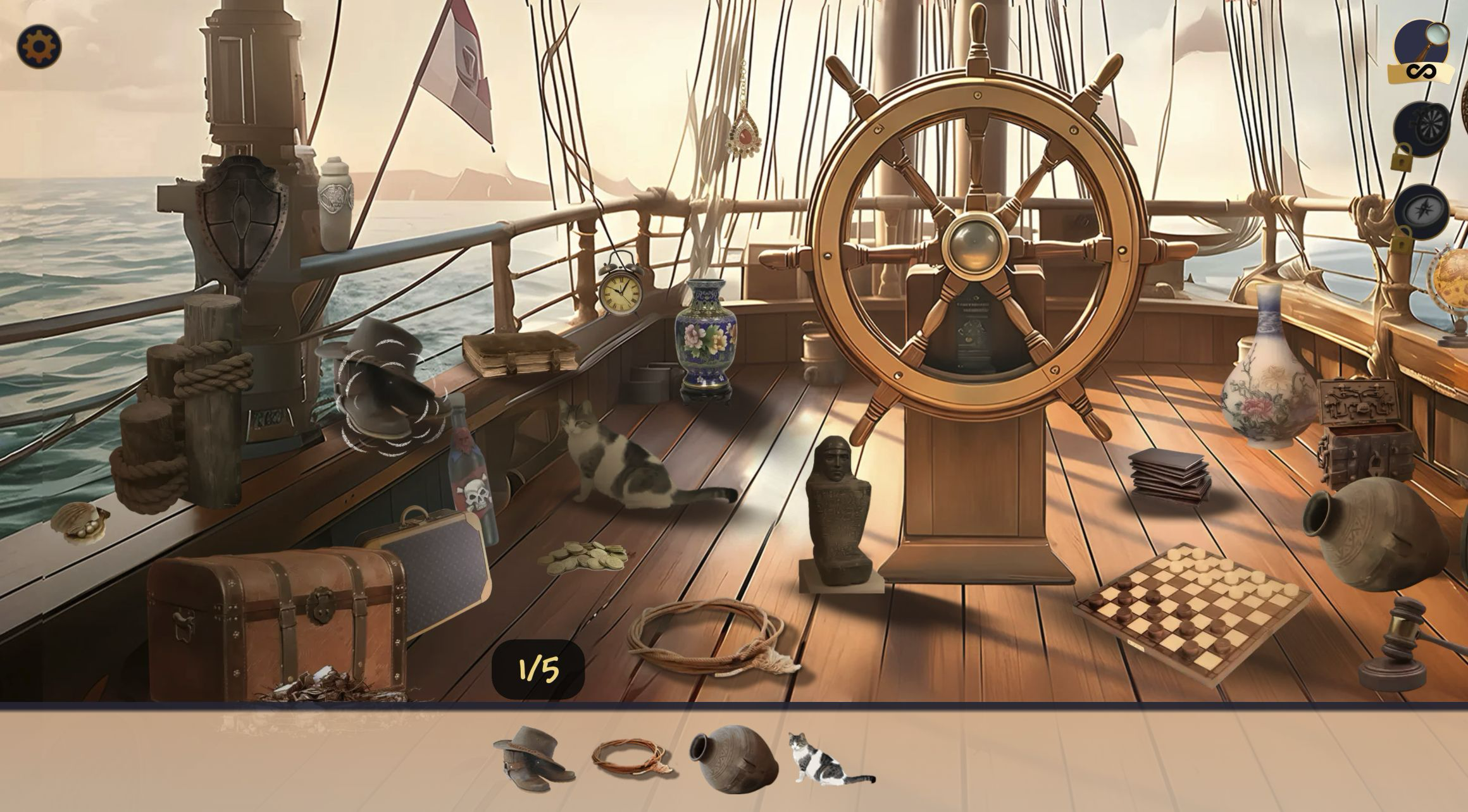 Sunlit ship deck with a large wooden wheel, scattered objects, a 1/5 counter, and five target pictures