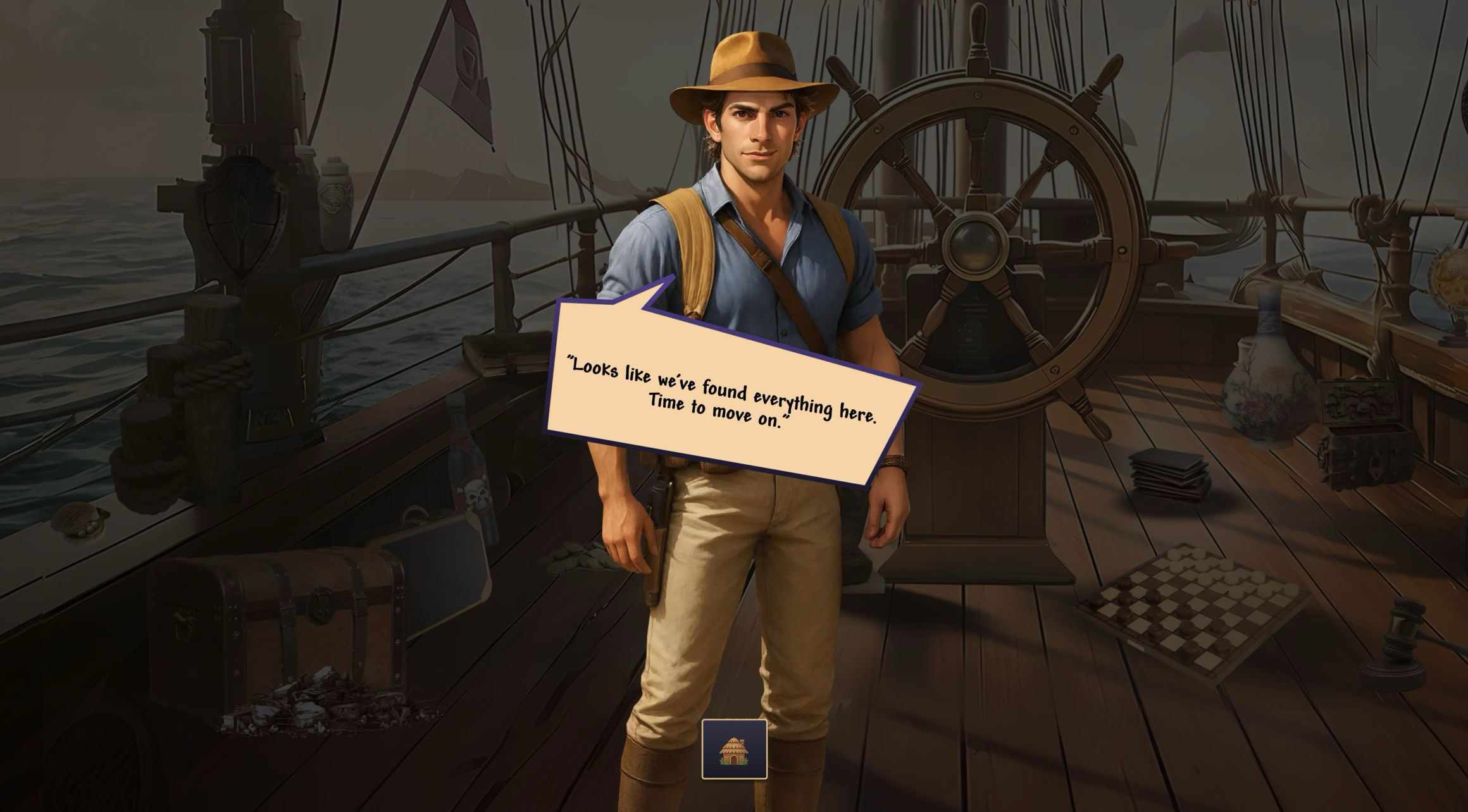 Explorer guide in front of the darkened ship deck saying everything has been found