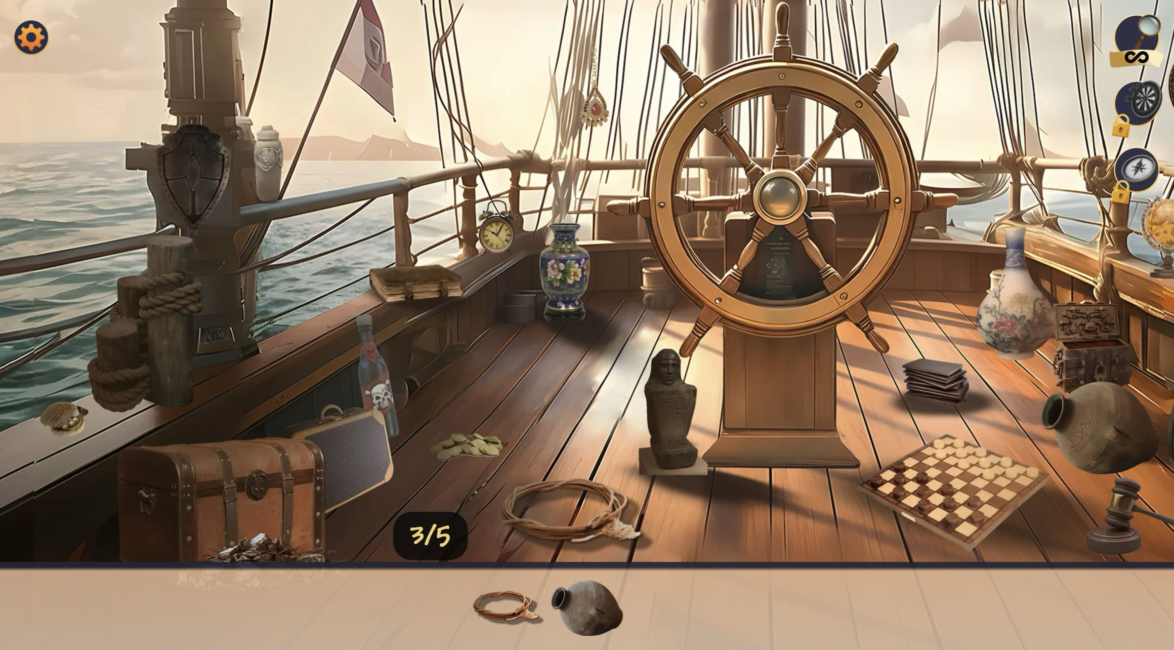 Wide ship deck at 3/5 with rope and pottery jar pictures remaining at the bottom