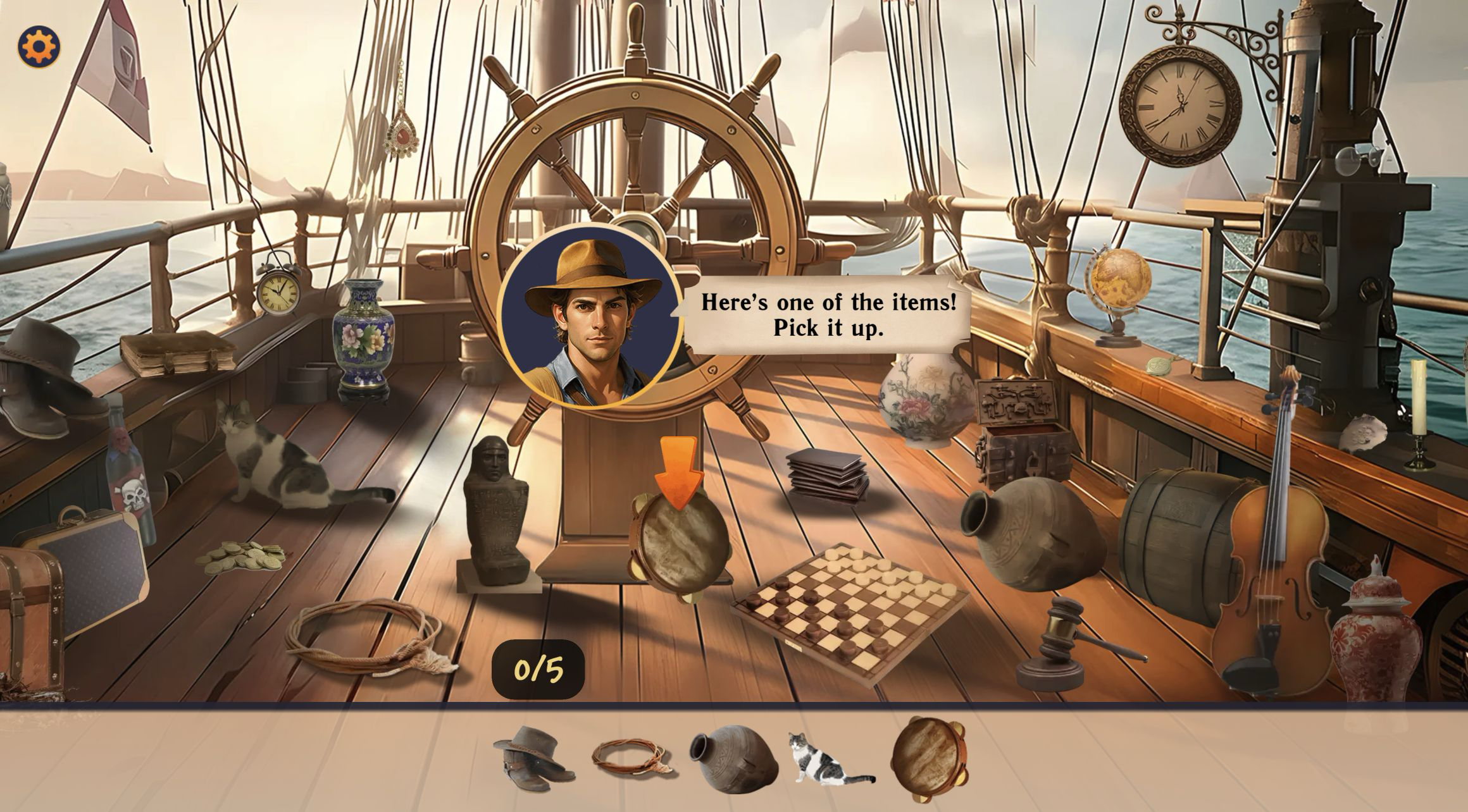 Explorer guide pointing at a tambourine on a crowded ship deck above a 0/5 counter