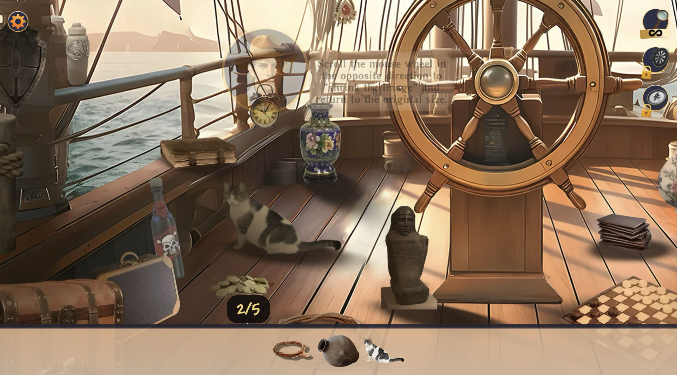 Zoomed left side of the ship deck with a mouse-wheel instruction and a 2/5 counter