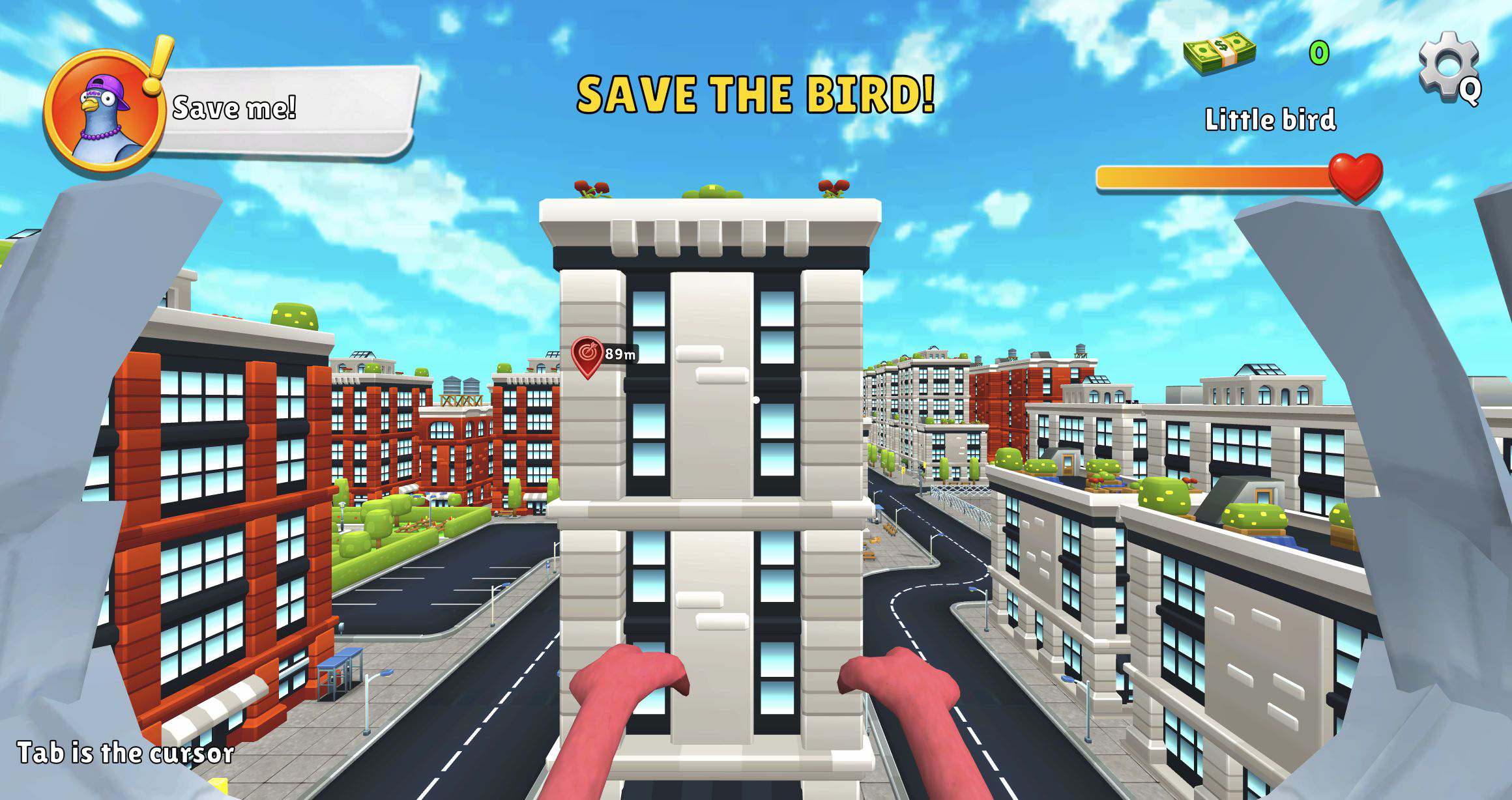 First-person bird wings facing a white apartment block with the Save the Bird objective, full health, zero money, and an 89-meter marker