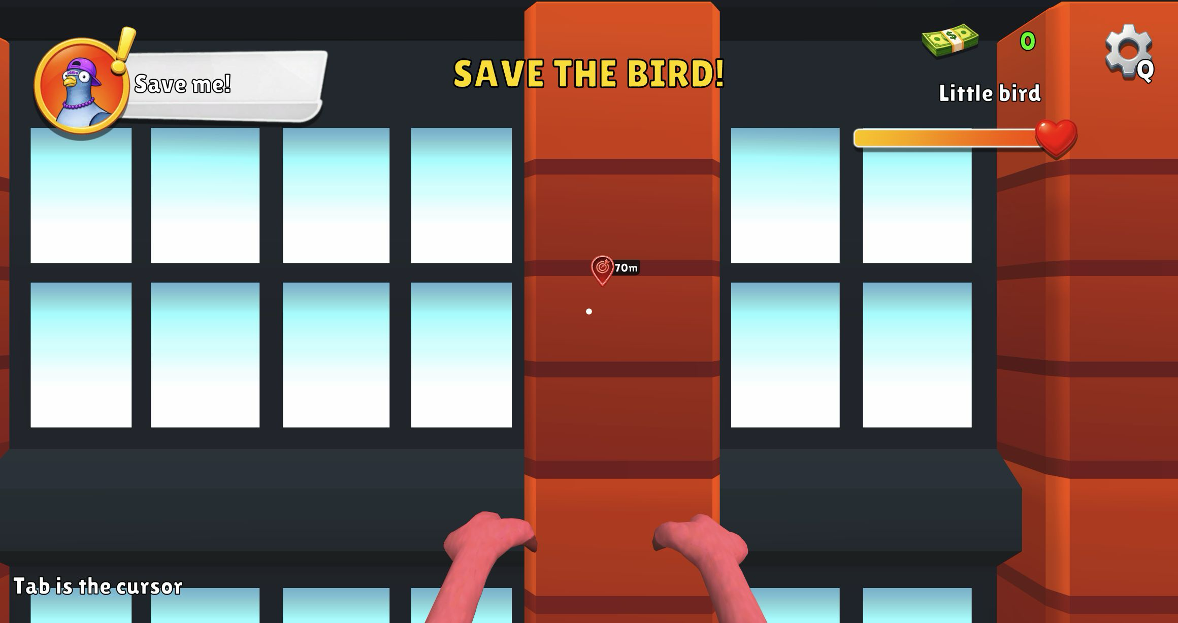 I am Crazy Bird pressed against a red building façade with the rescue marker reading 70 meters and full health still visible