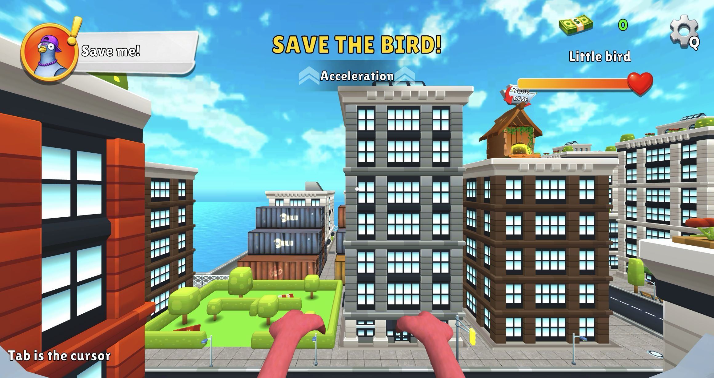 I am Crazy Bird fullscreen player showing the active rescue mission and keyboard control prompts