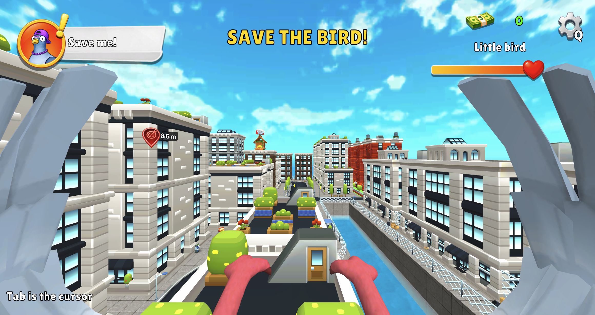 I am Crazy Bird flying above rooftop gardens beside a canal with the mission marker at 86 meters