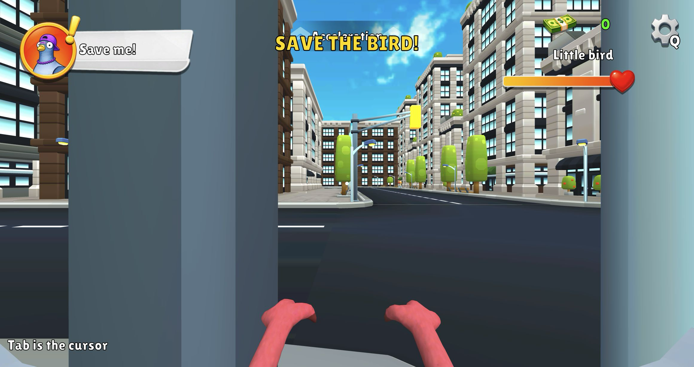 Active Save the Bird mission viewed through the fullscreen player with part of the city route visible