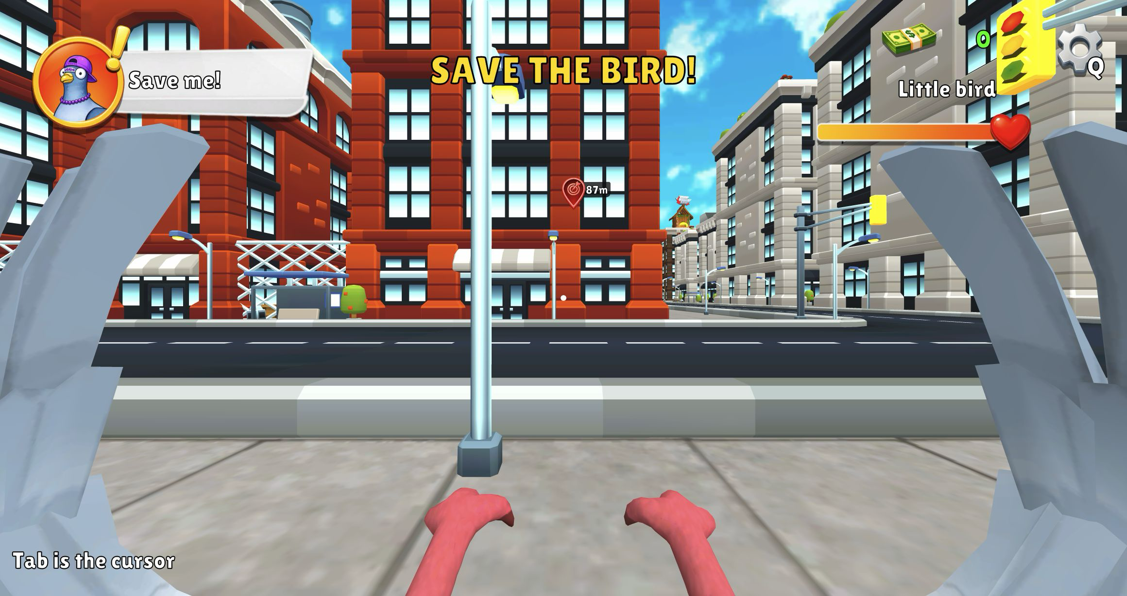 I am Crazy Bird at sidewalk height facing a lamp post and red apartment block with the rescue marker at 87 meters