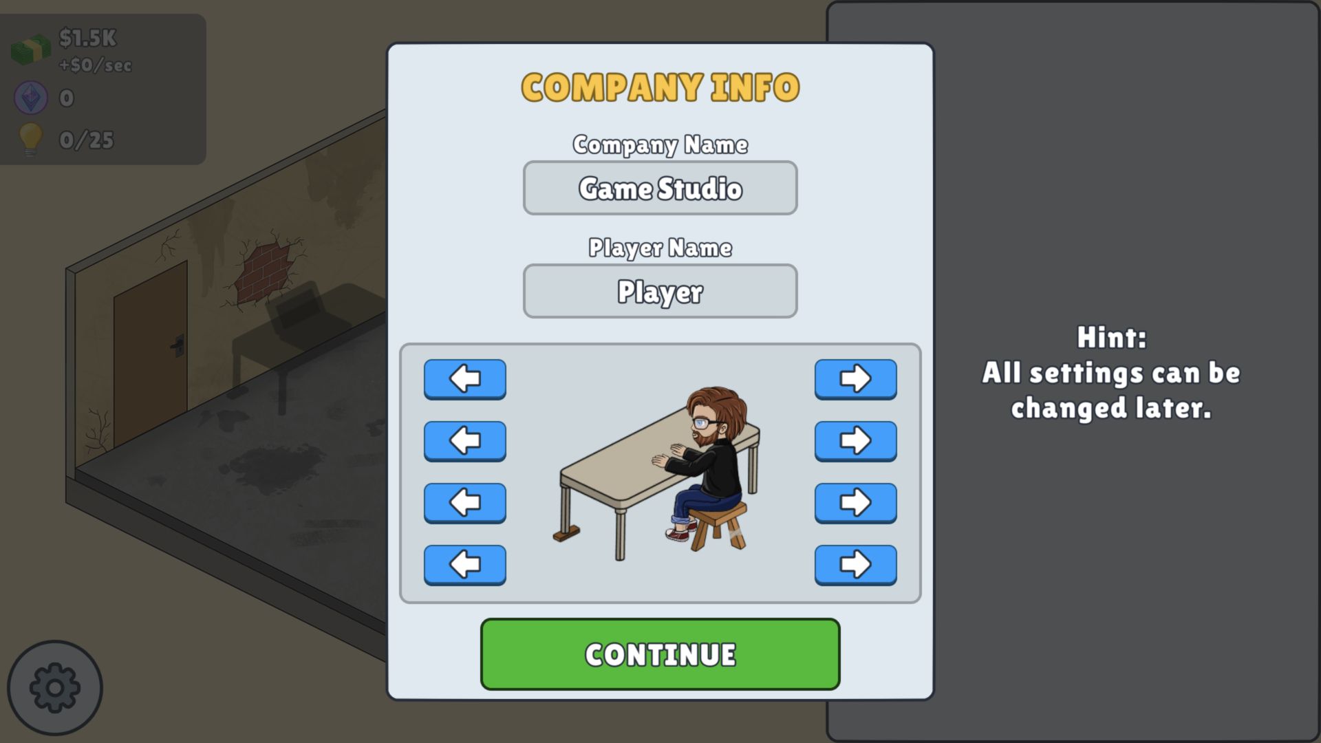 Idle Game Dev Simulator Company Info screen with default Game Studio and Player names and character appearance controls