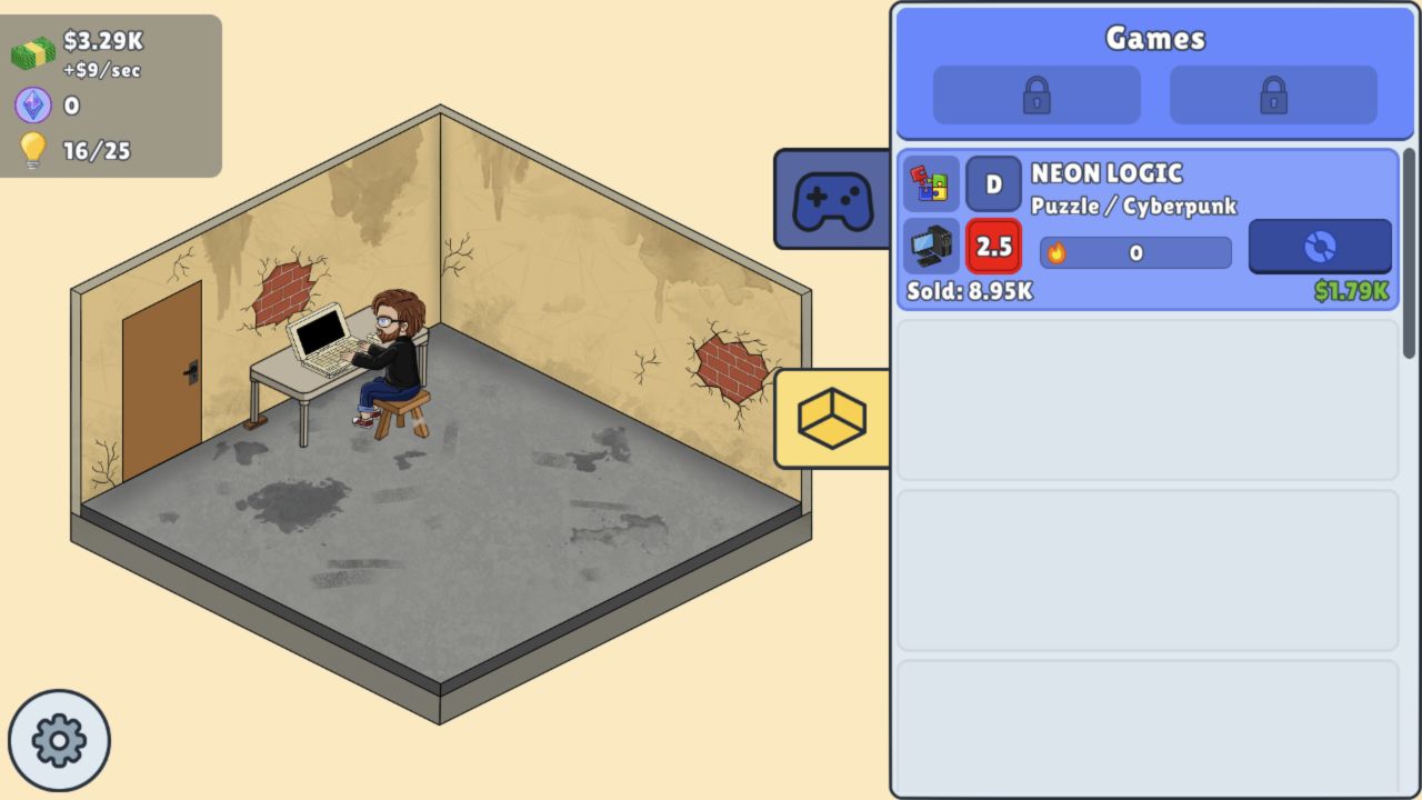 Idle Game Dev Simulator garage after analysis with 3.29K cash, nine dollars per second, 16 of 25 ideas, and NeonLogic at 8.95K sold