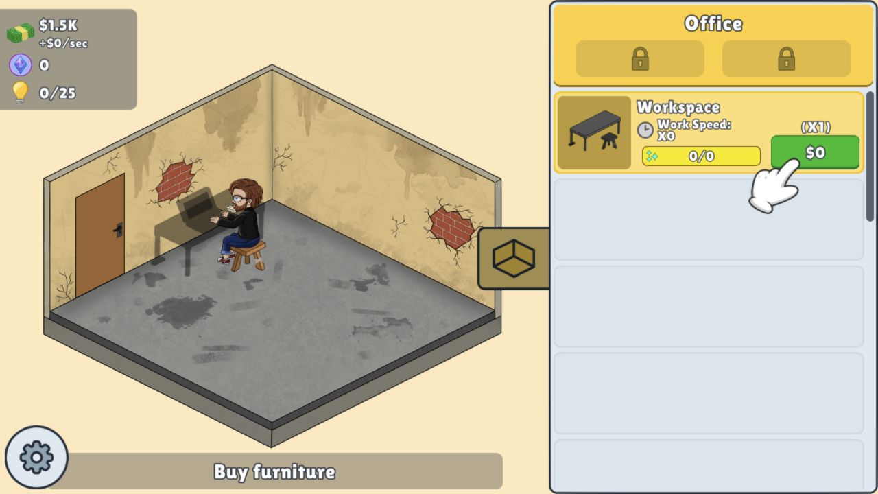 Idle Game Dev Simulator garage with 1.5K cash and a zero-dollar Workspace purchase highlighted in the Office panel