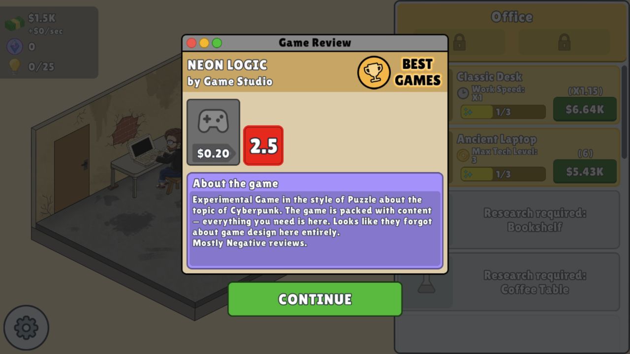 Idle Game Dev Simulator review window for NeonLogic showing a 2.5 rating, 20-cent price, and Mostly Negative reviews