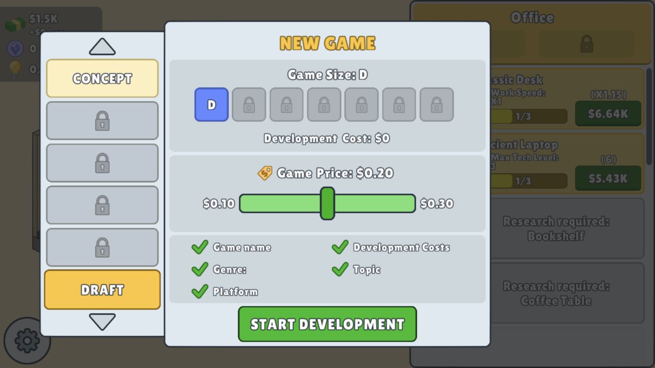 NeonLogic draft panel showing game size D, zero development cost, a twenty-cent price, and all concept checks complete