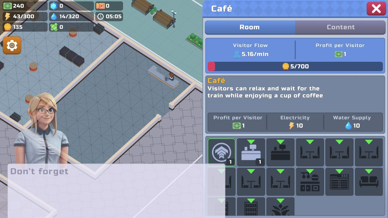 Newly built Café panel with 240 cash, 5.16 visitors per minute, one profit per visitor, 43 electricity use, and 14 water use