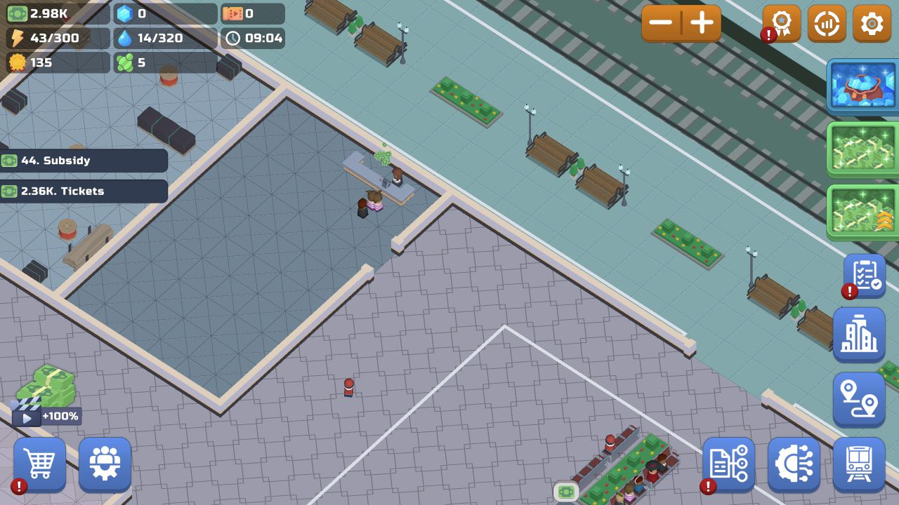 Idle Train Empire Tycoon station at 09:04 with 2.98K cash and notifications for 44 subsidy and 2.36K ticket income