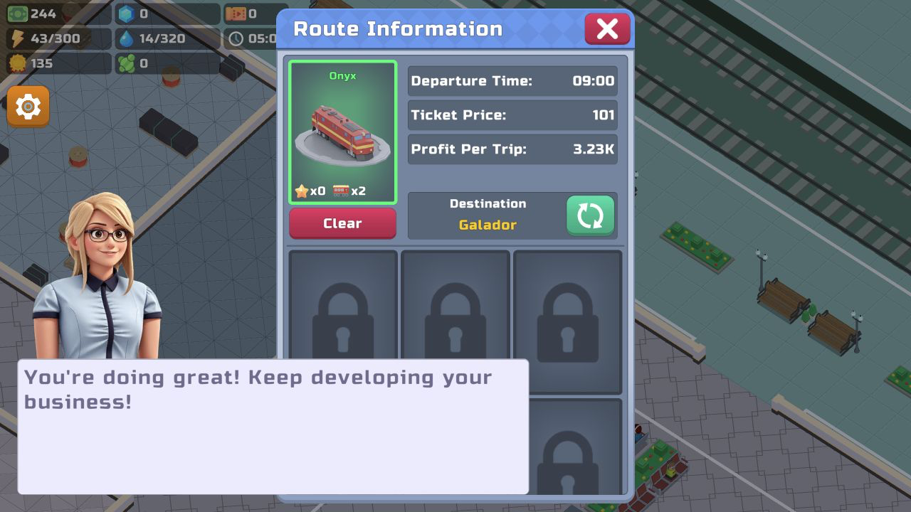 Route Information panel with the red Onyx train, 09:00 departure, 101 ticket price, Galador destination, and 3.23K profit per trip