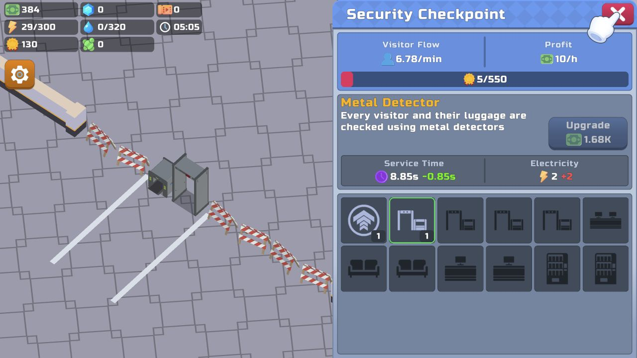 Security Checkpoint panel with a level one metal detector, 6.78 visitors per minute, 384 cash, and 8.85-second service time