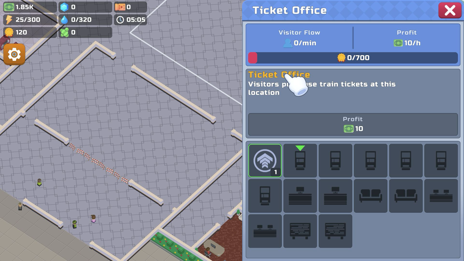 Ticket Office upgrade grid on desktop with the first ticket terminal highlighted by the tutorial