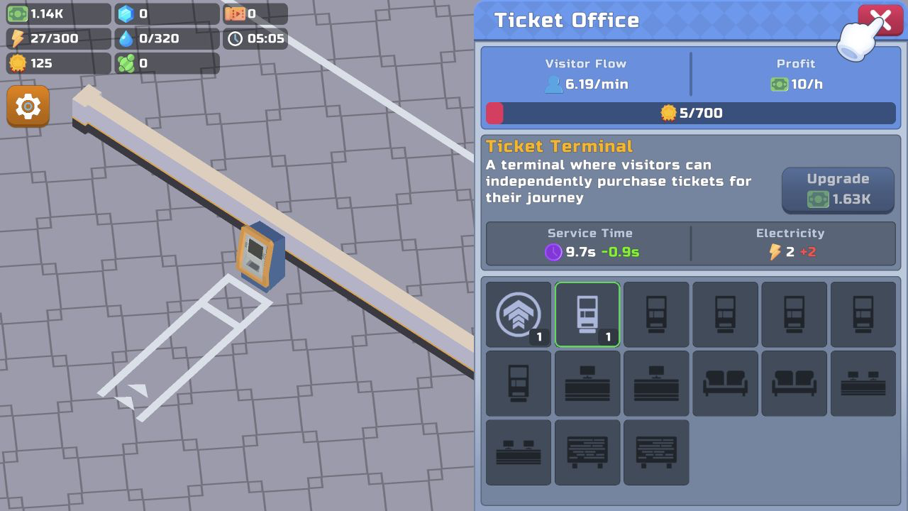 Ticket Office panel after the first ticket terminal upgrade with 6.19 visitors per minute, 1.14K cash, and a 1.63K next upgrade