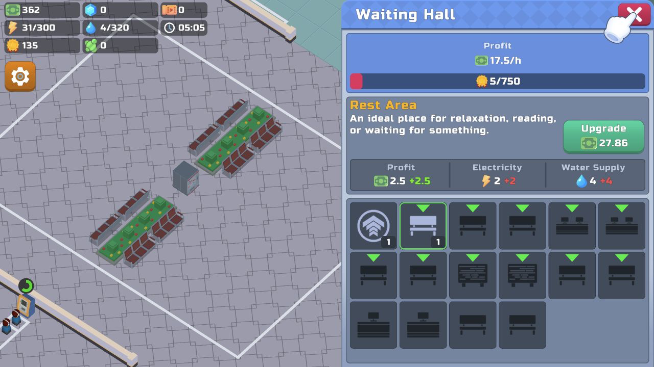 Waiting Hall Rest Area panel after a level one upgrade with 362 cash, 17.5 profit per hour, 31 electricity, and 4 water use