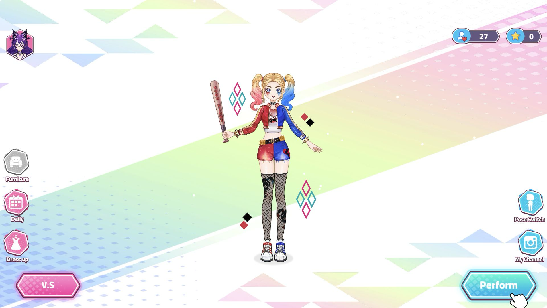 Main idol hub showing 27 followers and buttons for V.S, Dress up, Daily, My Channel, and Perform