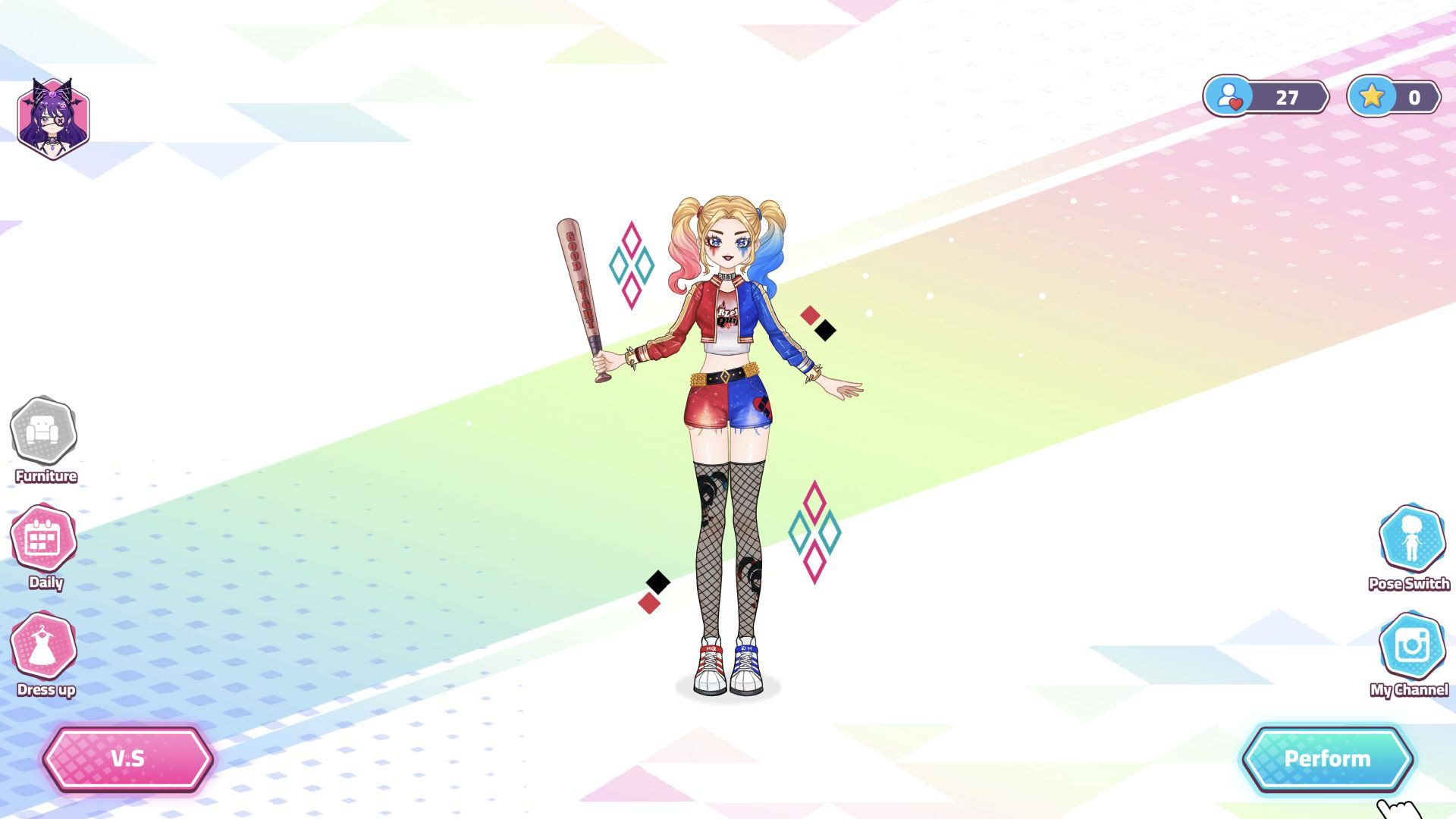 The versus dress-up screen with two dolls and selectable outfit options
