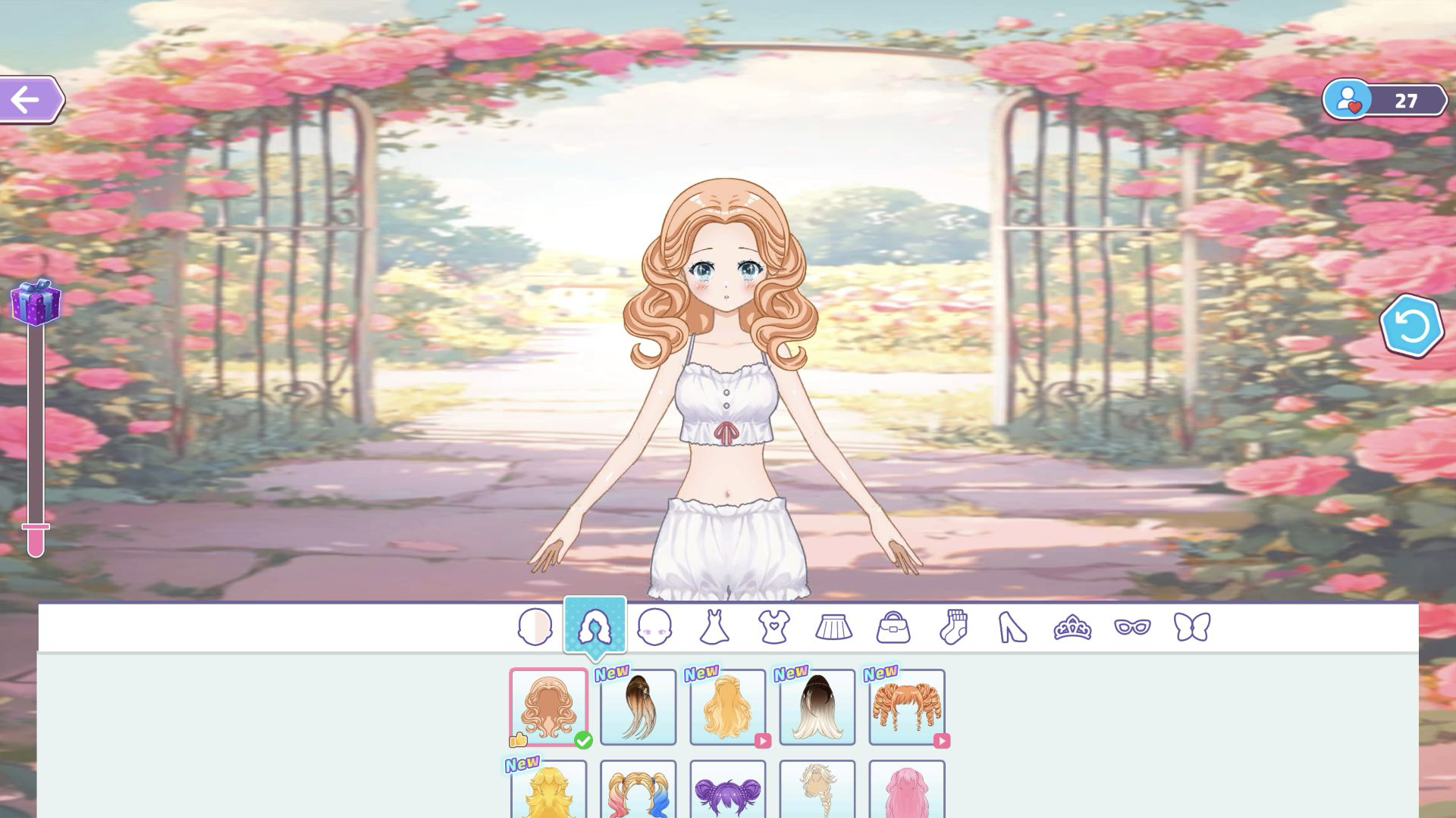 The doll wearing the recommended blonde wavy hair beside the hair catalog