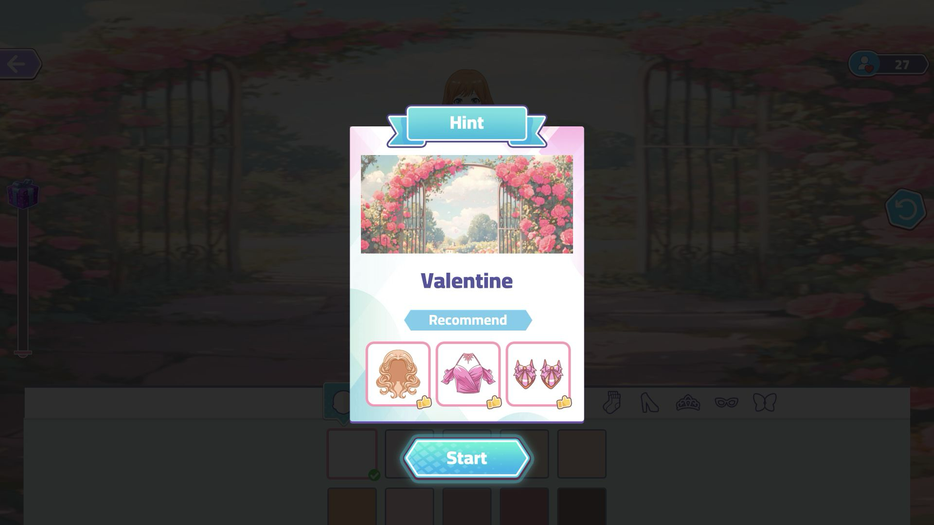 Valentine performance hint recommending blonde hair, a pink top, and a pink-gold accessory