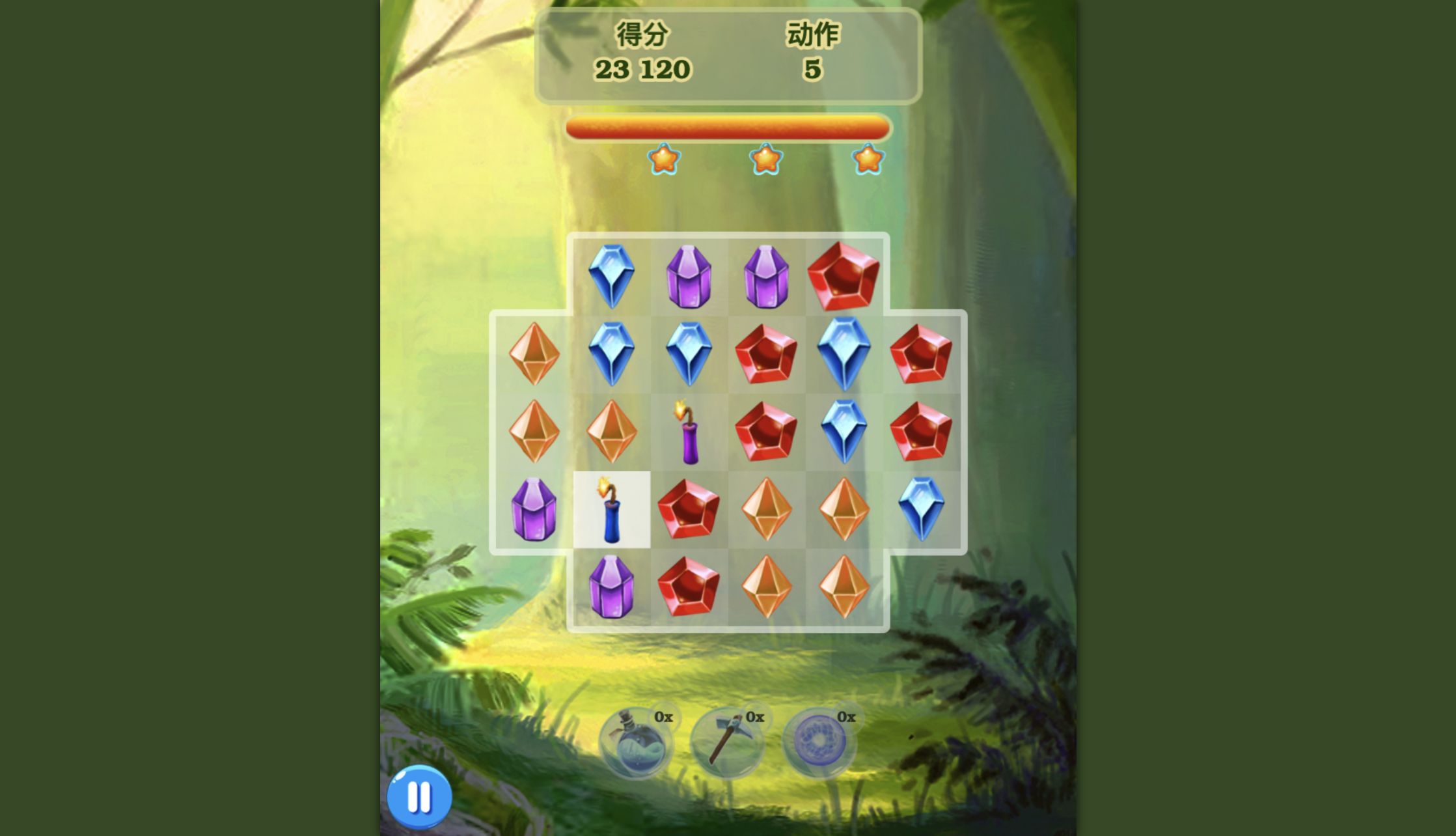 Jewel Magic late Level 1 board with two candle specials, three stars, 23,120 points, and five moves remaining