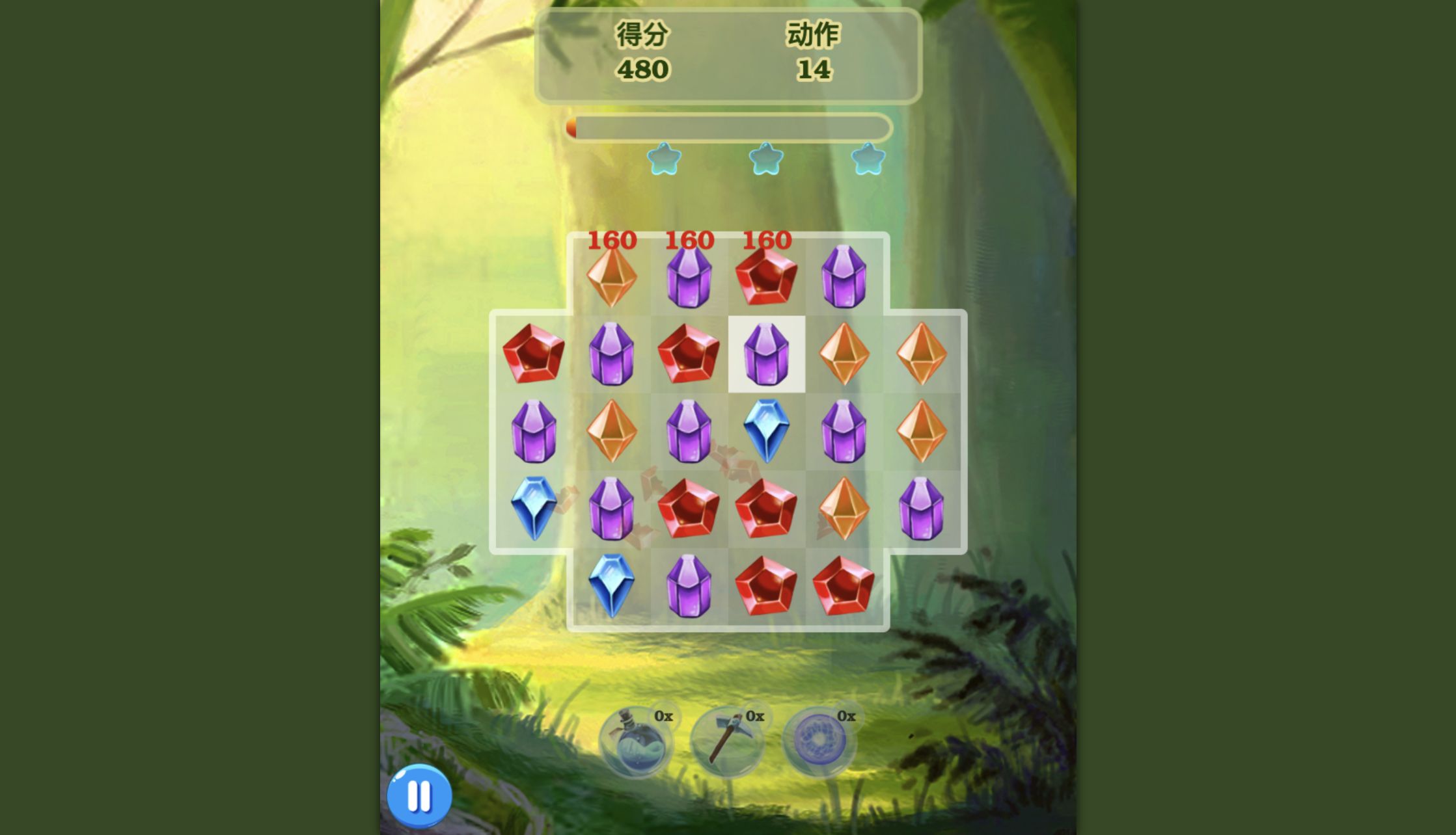 Jewel Magic after the first successful dragged swap with 480 points and 14 moves remaining