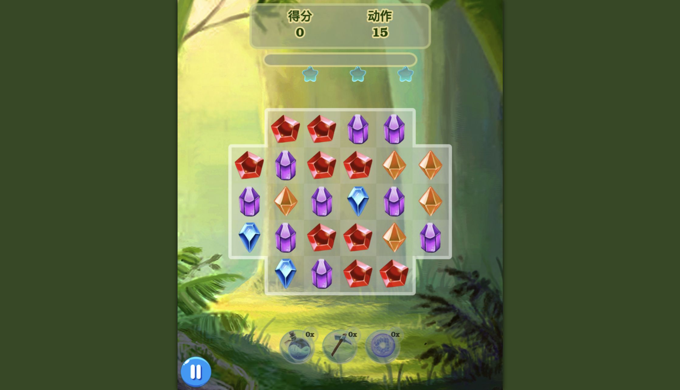 Jewel Magic Level 1 board with 15 moves, zero score, four jewel colors, and three empty power-up counters