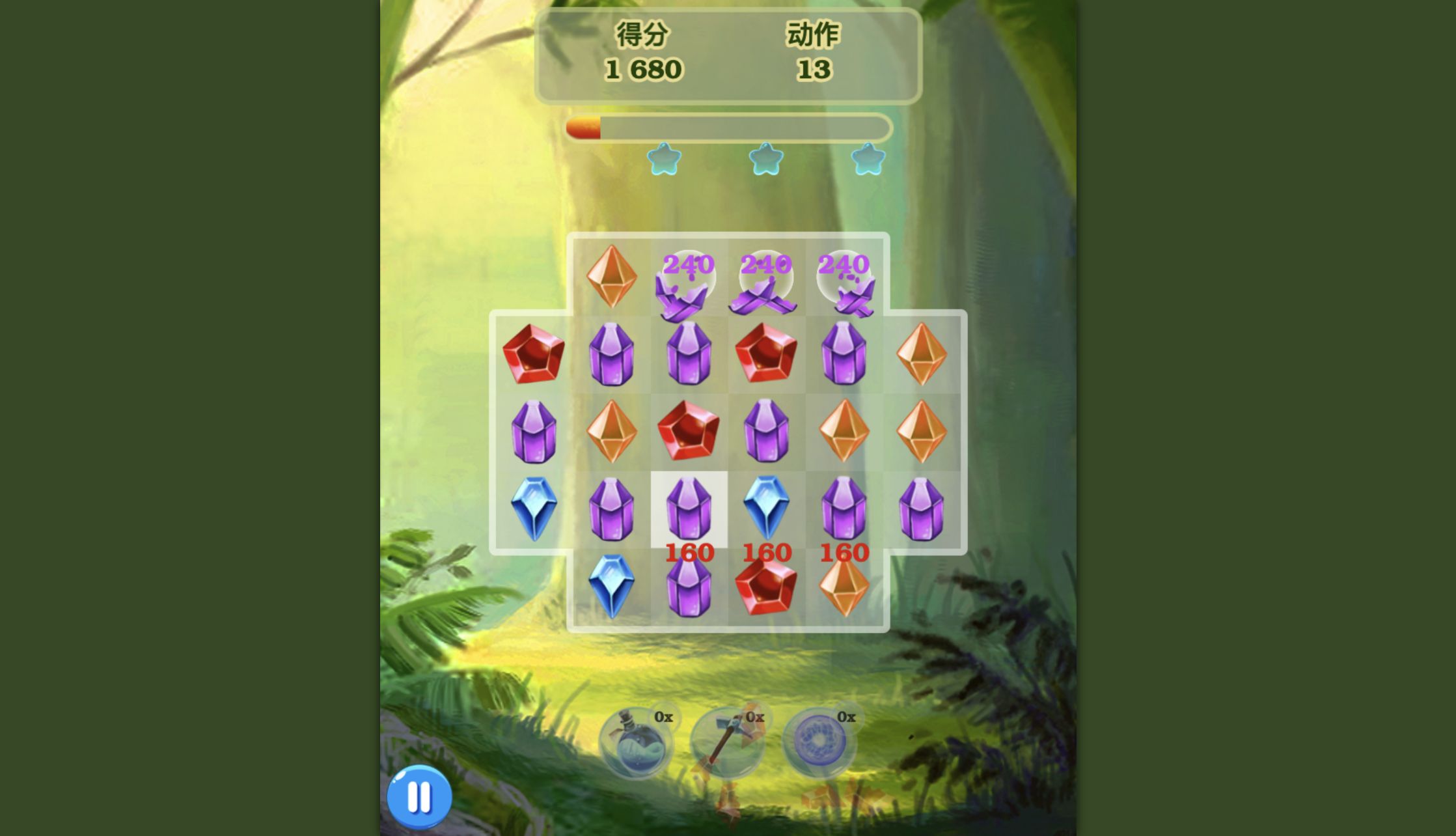 Jewel Magic board after a bottom-row red match and cascade with 1,680 points and 13 moves