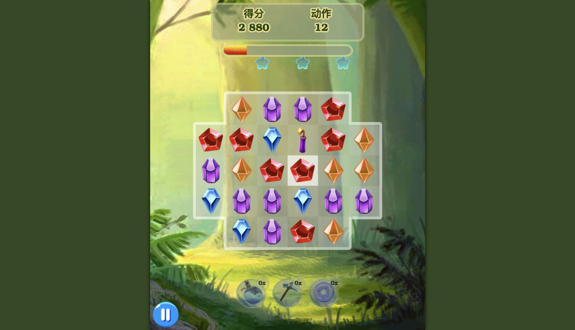 Jewel Magic board with a colored candle special after a four-gem match, 2,880 points, and 12 moves