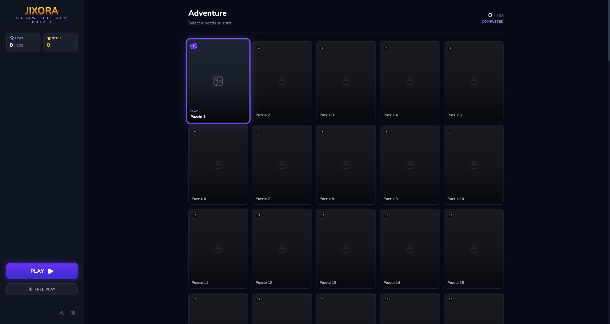 Jixora adventure grid with Puzzle 1 unlocked and later puzzle cards locked