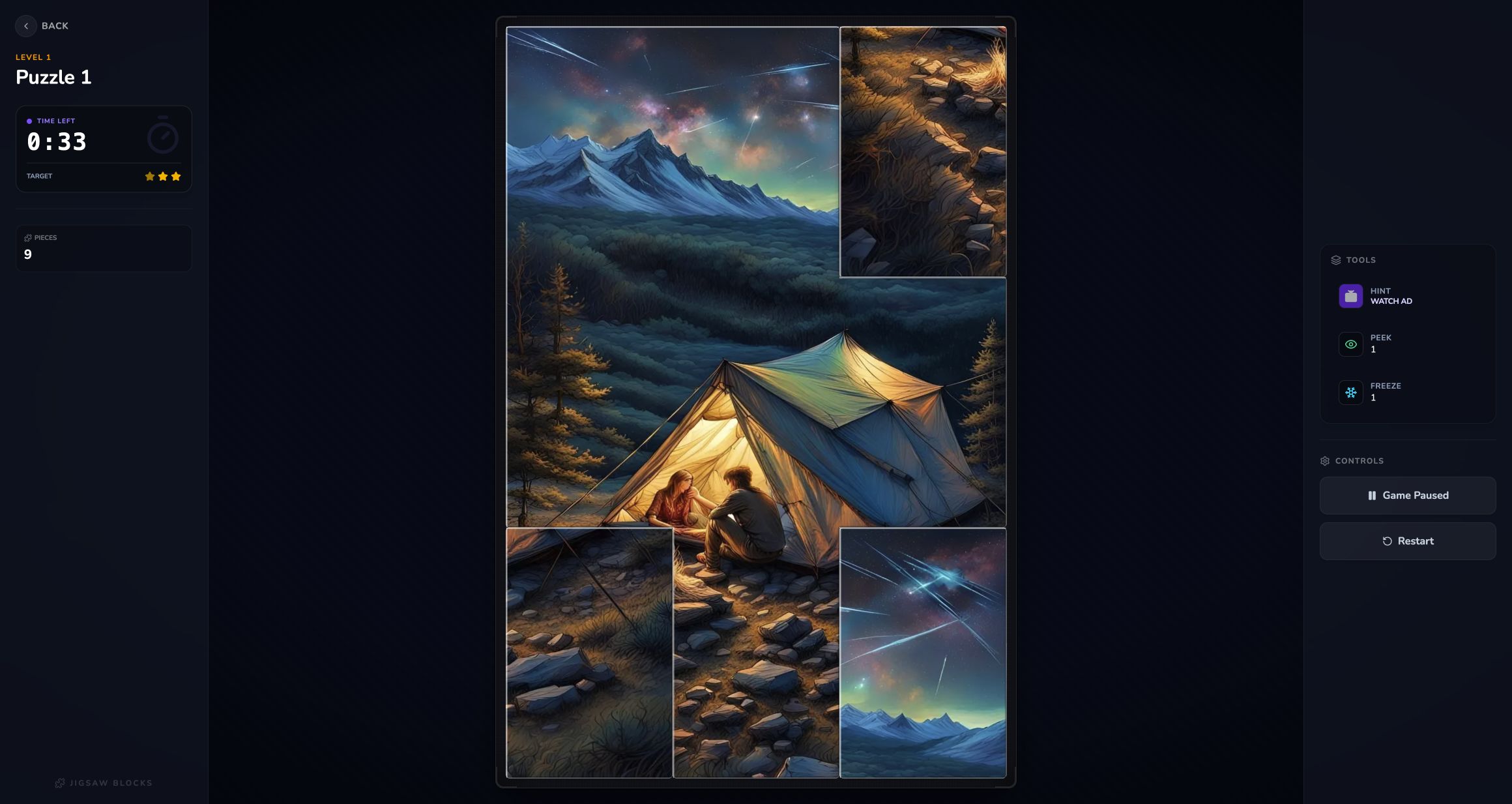 Jixora campsite puzzle after a corner-piece swap aligned the meteor sky and tent edges